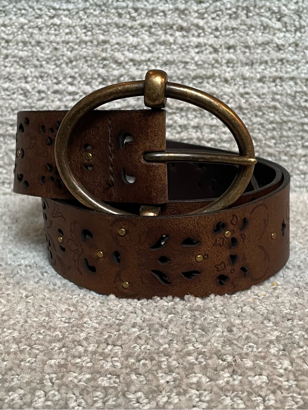 Brown Leather Floral Cutouts Studs Brass Buckle Belt Western Southwestern Boho